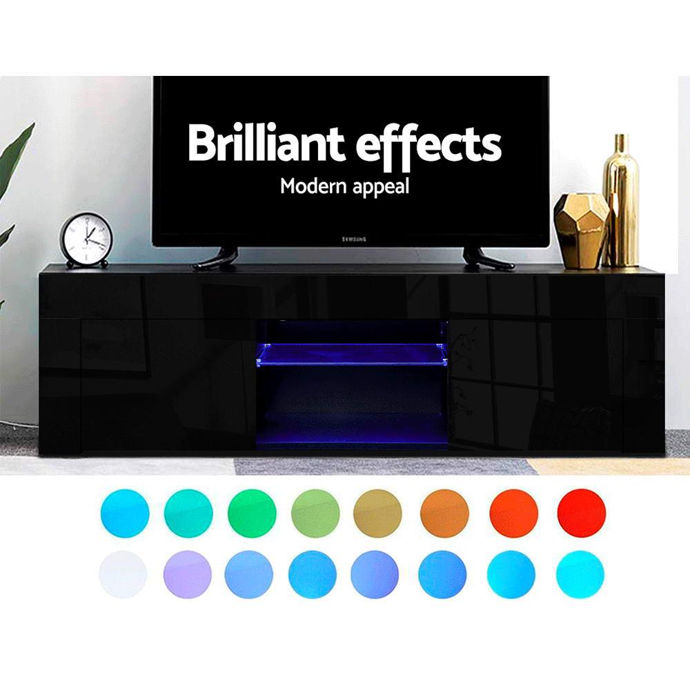 Artiss 130cm RGB LED TV Stand Cabinet in black with customizable lighting and tempered glass shelf, showcasing a modern design.